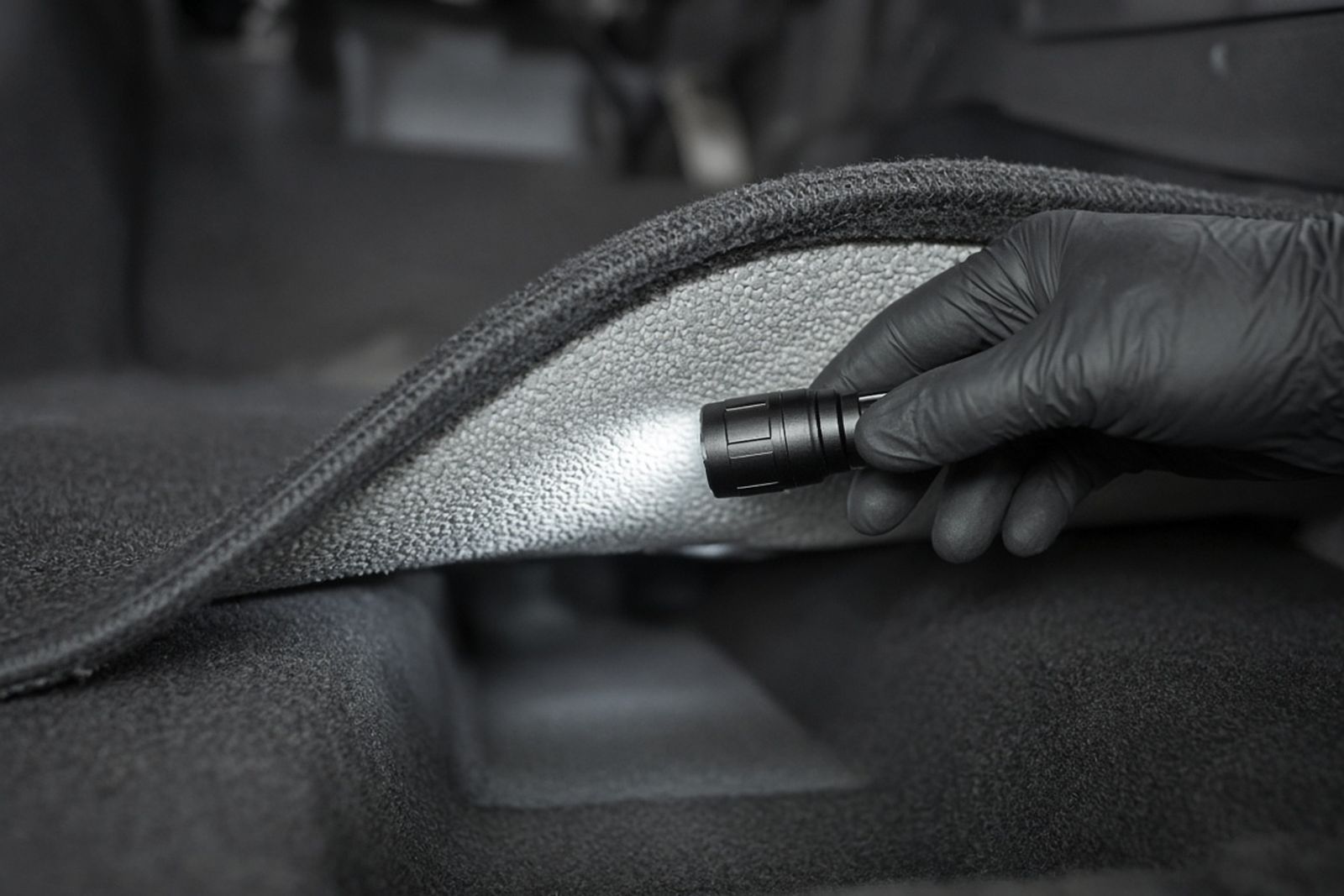 Gloved hand lifting car carpet to check the foam underneath with a flashlight